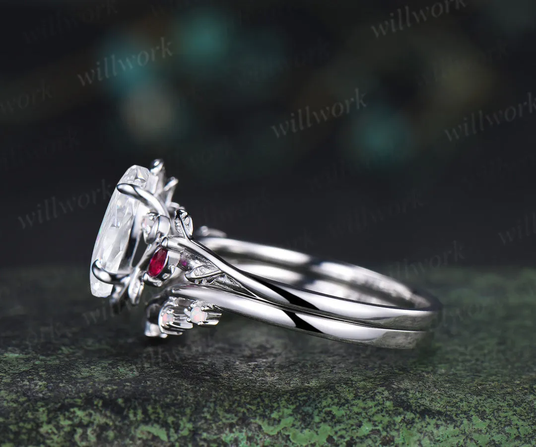 Marquise lab grown diamond ring set leaf moon twig ring ruby opal accents nature inspired bridal set sold by Willwork Jewelry product image thumbnail 5