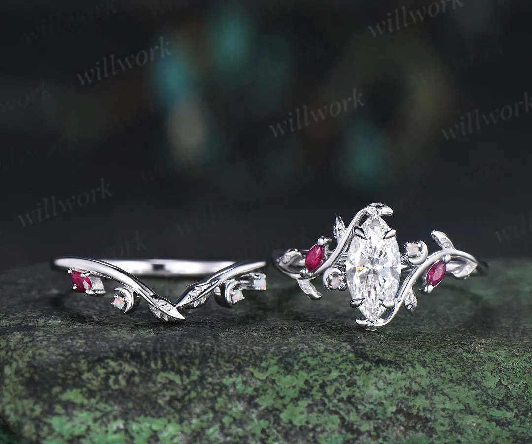 Marquise lab grown diamond ring set leaf moon twig ring ruby opal accents nature inspired bridal set sold by Willwork Jewelry product image thumbnail 3