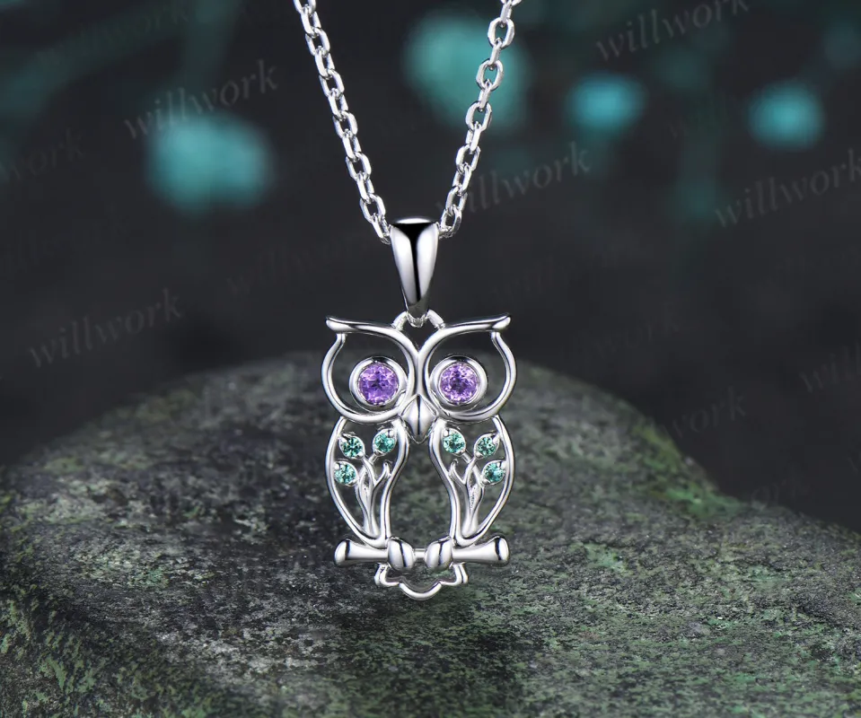 Cute Owl Amethyst Emerald Pendant Necklace Animal Inspired Hollow out Necklace Anniversary Birthday Gift for Her made by Willwork Jewelry