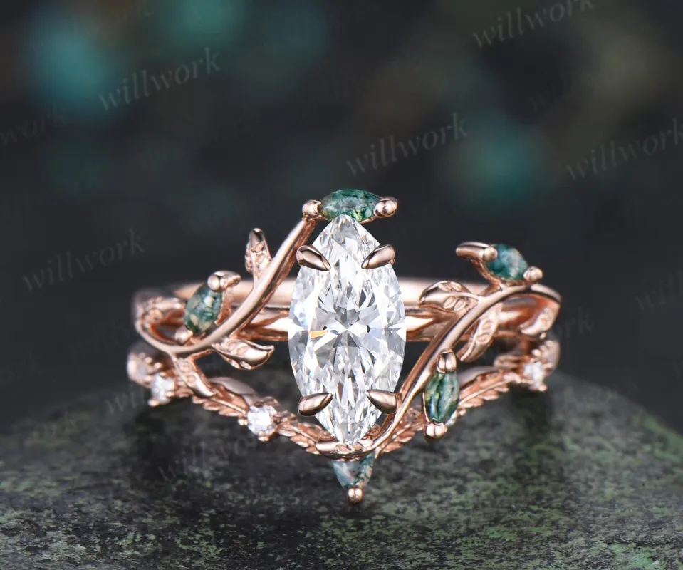 Marquise lab grown diamond leaf ring set marquise moss agate wedding ring nature inspired bridal set made by Willwork Jewelry