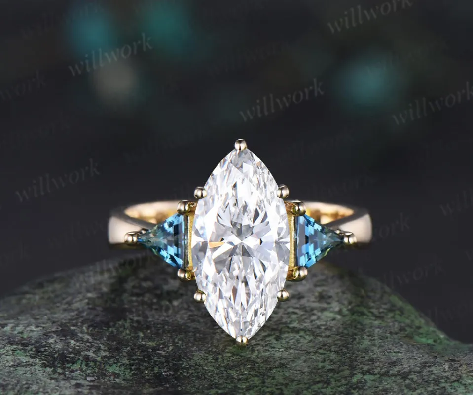 Marquise lab grown diamond engagement ring three stone trillion cut London blue topaz tapered band unique bridal ring made by Willwork Jewelry