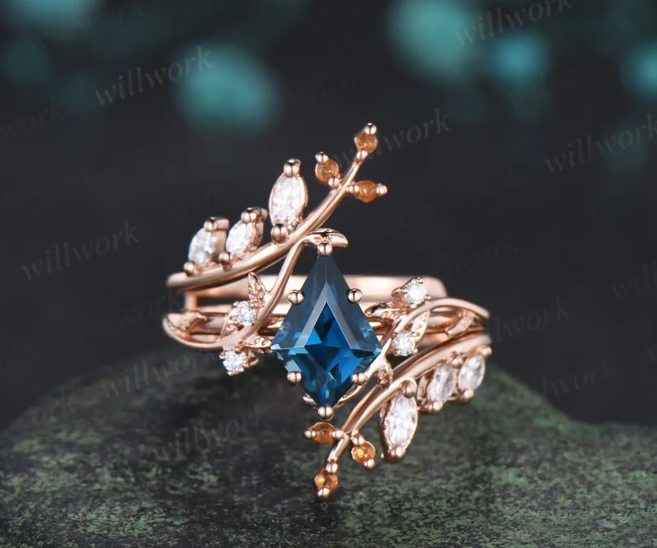 Kite Cut London Blue Topaz Ring Set Leaf Vine Engagement Ring Marquise Diamond Enhancer Nature Inspired Bridal Set made by Willwork Jewelry