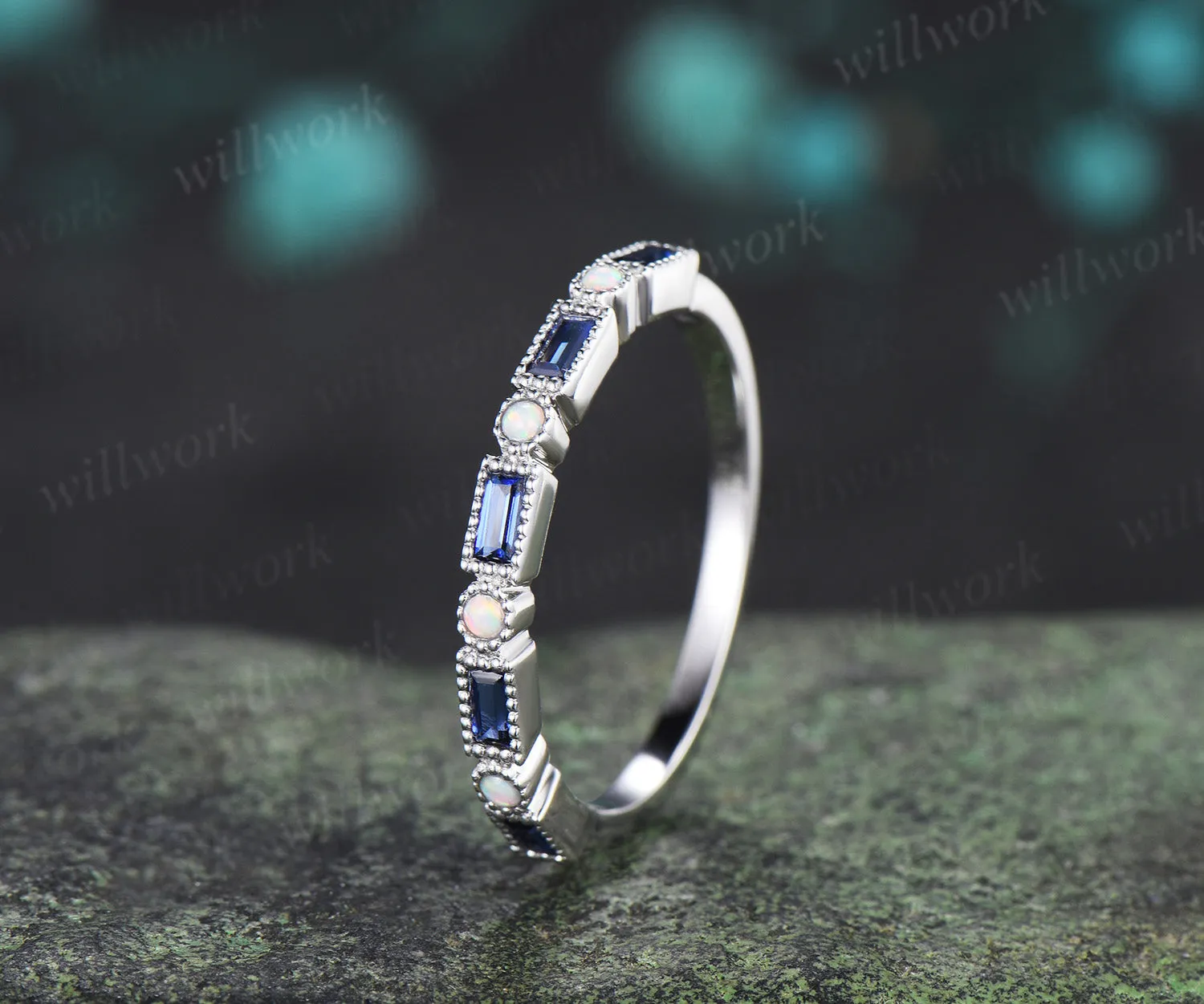 Baguette cut sapphire opal wedding band milgrain half eternity wedding ring band vintage unique stacking ring gifts for her sold by Willwork Jewelry product image thumbnail 4