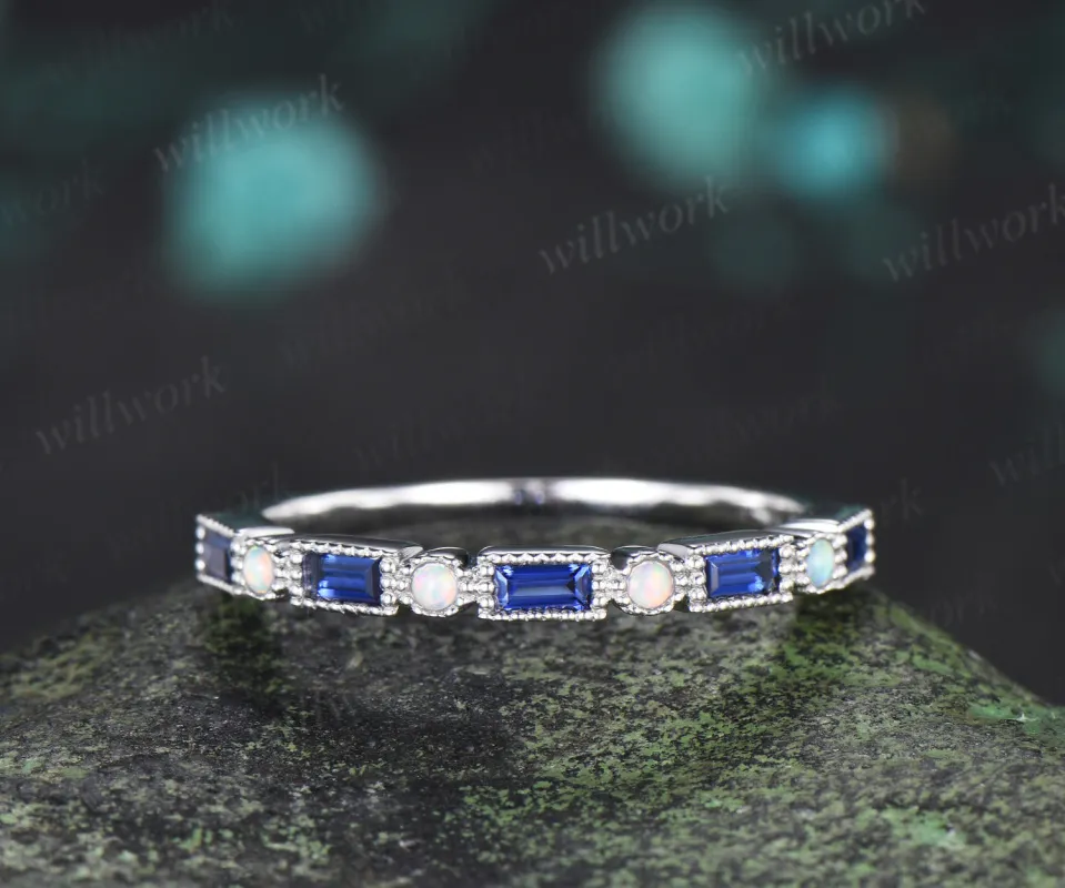 Baguette cut sapphire opal wedding band milgrain half eternity wedding ring band vintage unique stacking ring gifts for her made by Willwork Jewelry