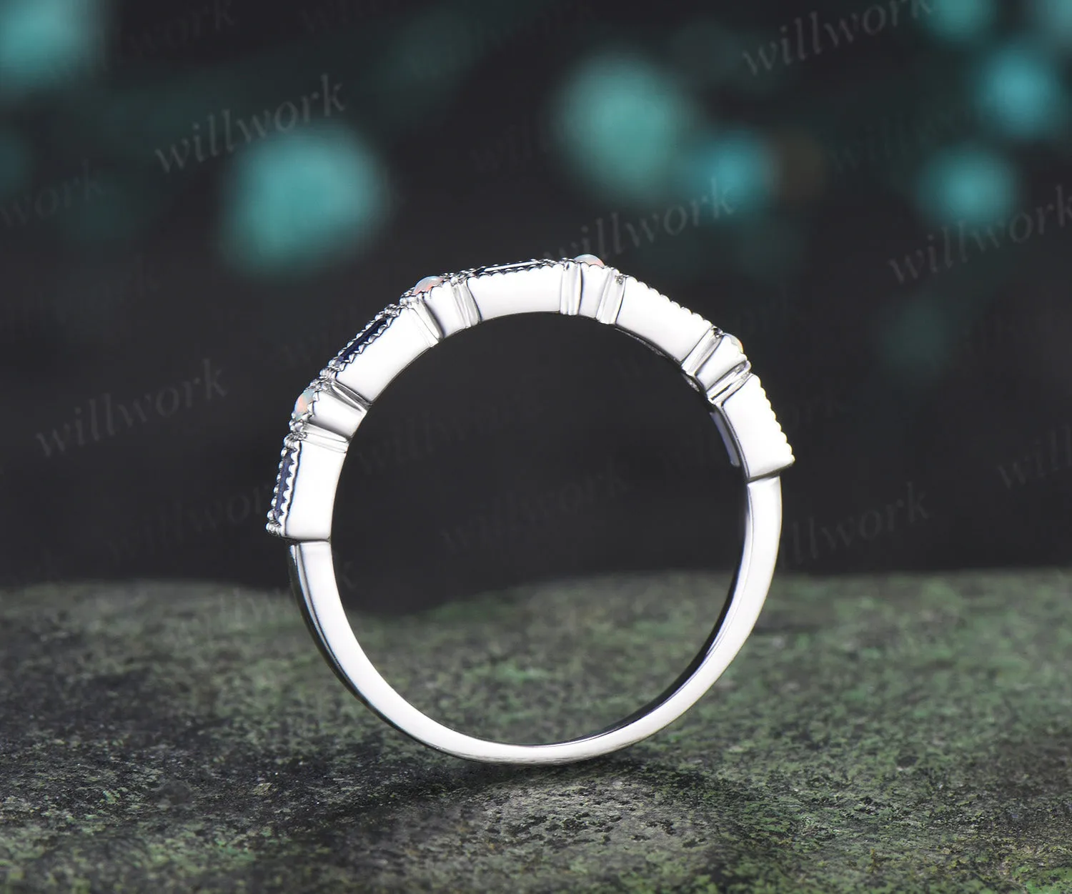 Baguette cut sapphire opal wedding band milgrain half eternity wedding ring band vintage unique stacking ring gifts for her sold by Willwork Jewelry product image thumbnail 5
