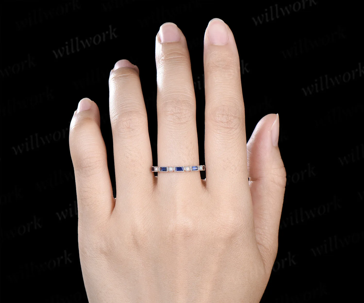 Baguette cut sapphire opal wedding band milgrain half eternity wedding ring band vintage unique stacking ring gifts for her sold by Willwork Jewelry product image thumbnail 2
