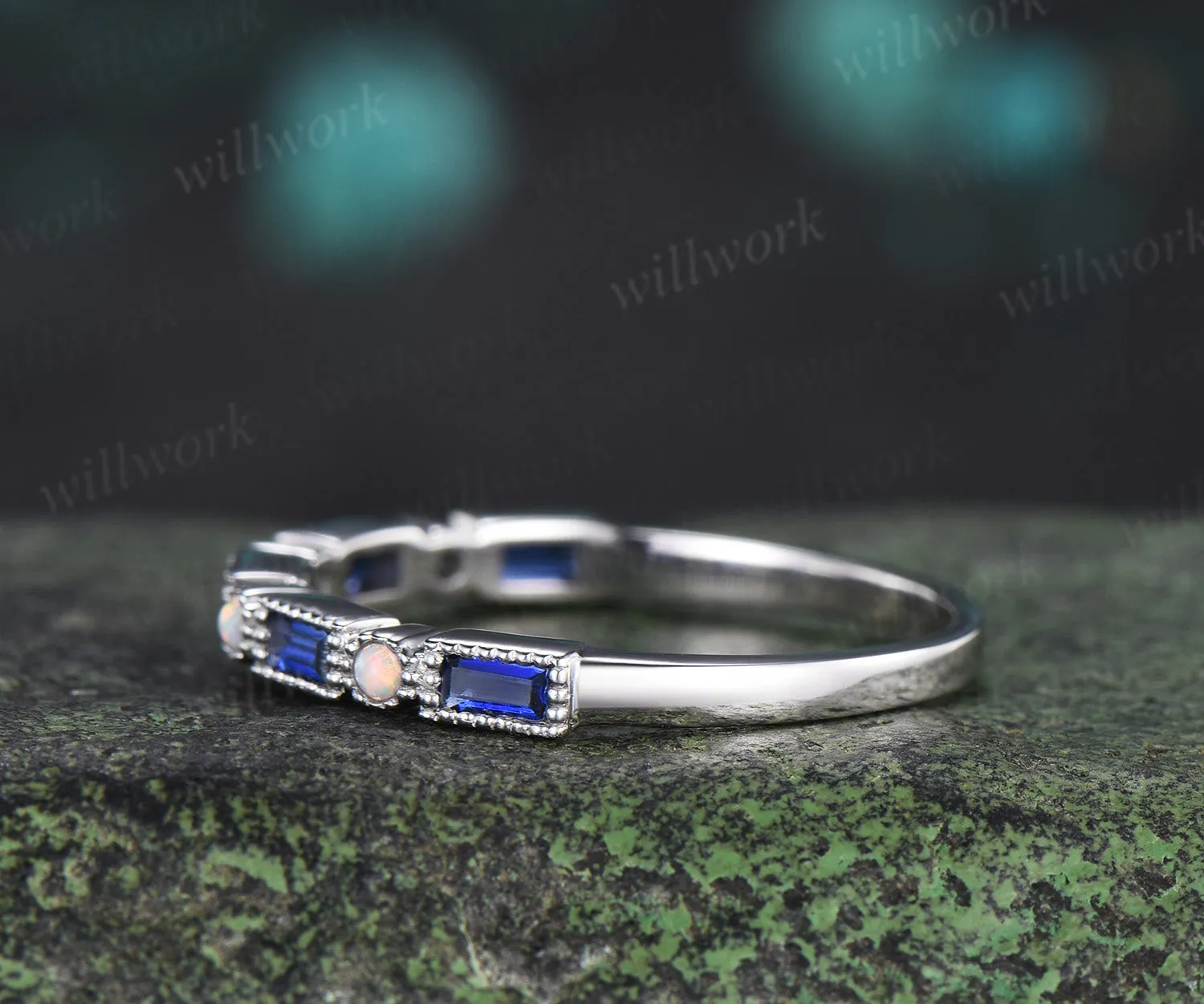 Baguette cut sapphire opal wedding band milgrain half eternity wedding ring band vintage unique stacking ring gifts for her sold by Willwork Jewelry product image thumbnail 3