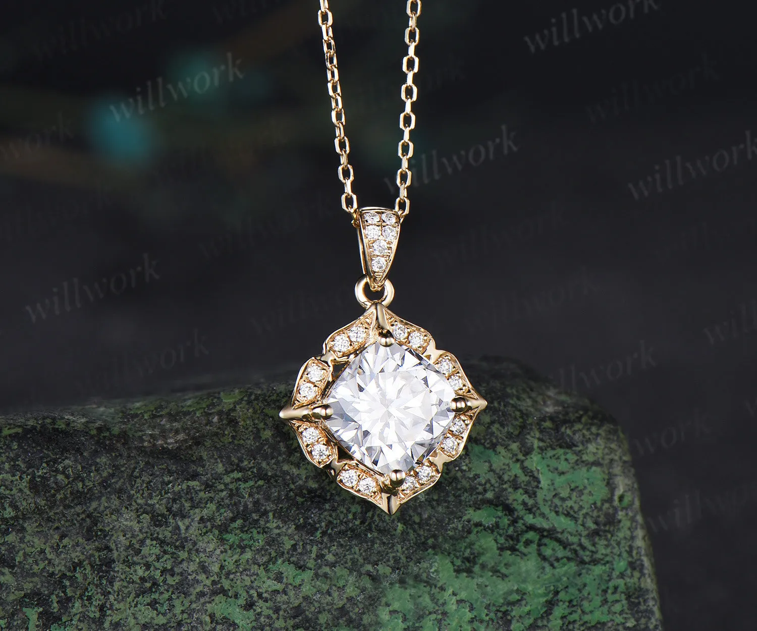 Cushion cut moissanite necklace floral diamond halo pendant vintage moissanite necklace for women sold by Willwork Jewelry product image thumbnail 4