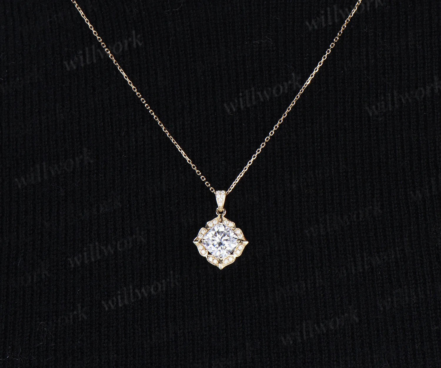 Cushion cut moissanite necklace floral diamond halo pendant vintage moissanite necklace for women sold by Willwork Jewelry product image thumbnail 3