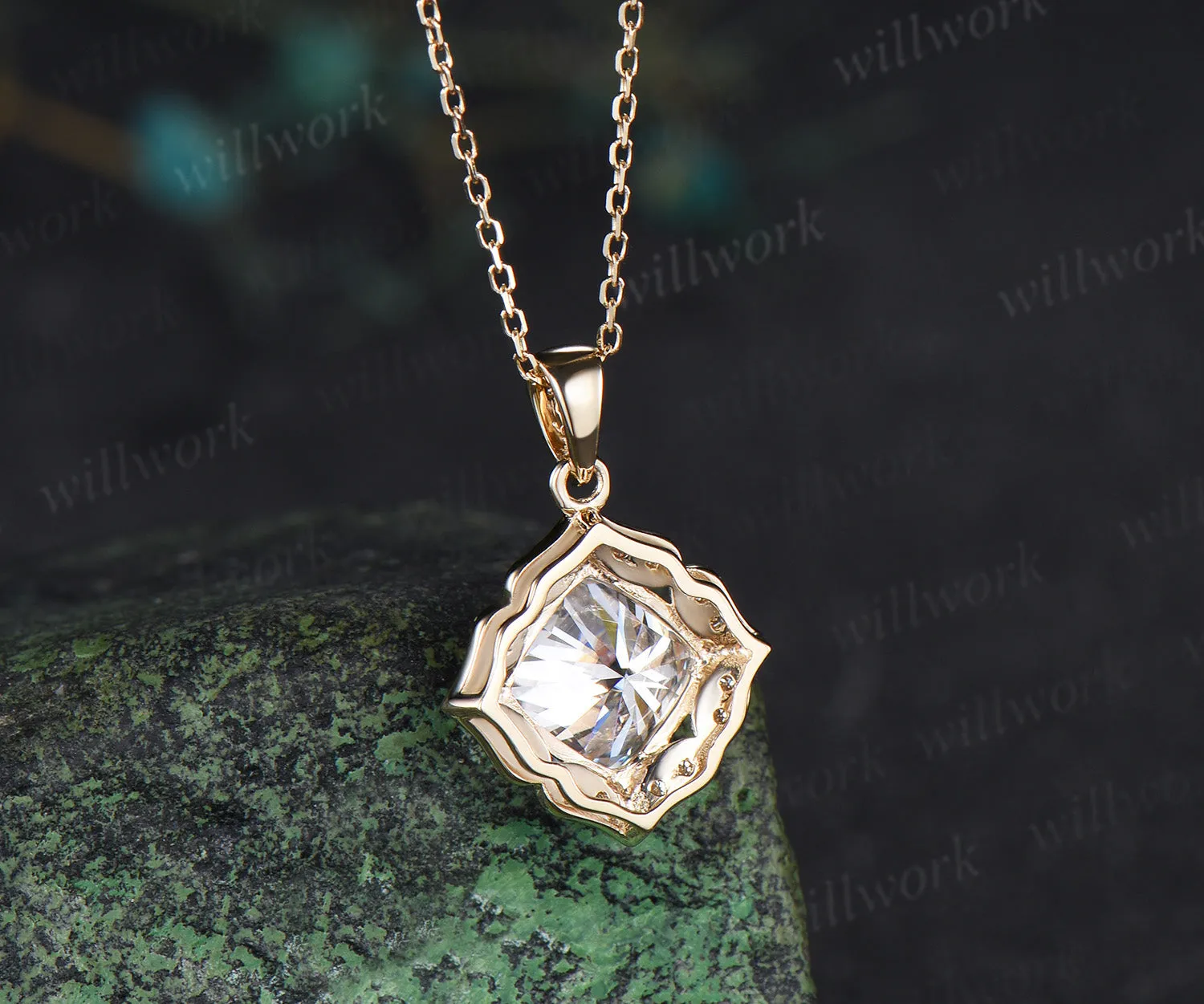 Cushion cut moissanite necklace floral diamond halo pendant vintage moissanite necklace for women sold by Willwork Jewelry product image thumbnail 5