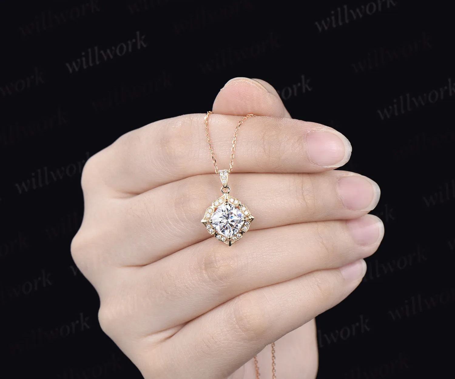 Cushion cut moissanite necklace floral diamond halo pendant vintage moissanite necklace for women sold by Willwork Jewelry product image thumbnail 2