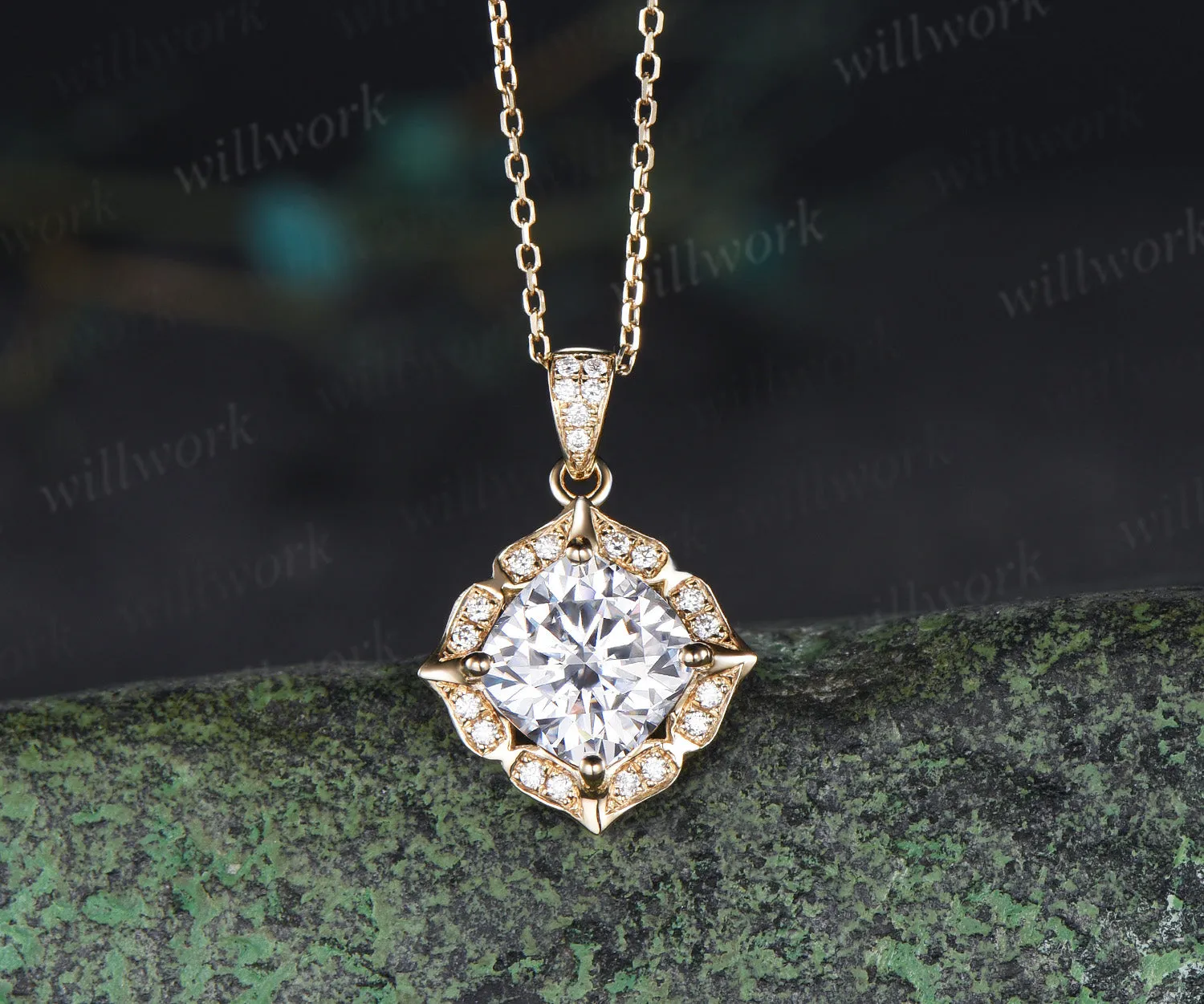 Cushion cut moissanite necklace floral diamond halo pendant vintage moissanite necklace for women sold by Willwork Jewelry
