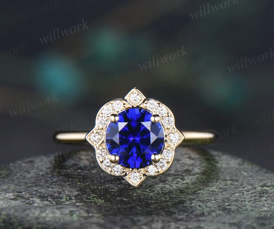 Vintage round sapphire diamond halo engagement ring floral hidden halo wedding ring blue gemstone bridal ring made by Willwork Jewelry