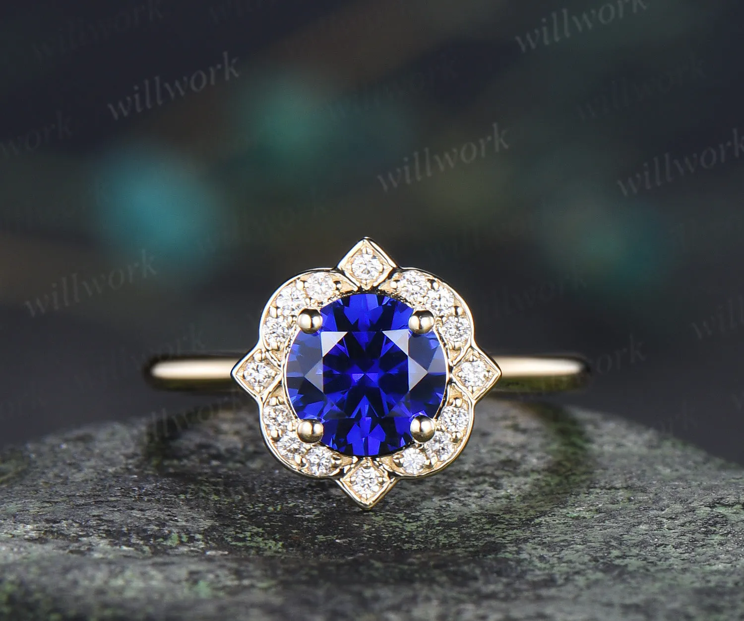 Vintage round sapphire diamond halo engagement ring floral hidden halo wedding ring blue gemstone bridal ring sold by Willwork Jewelry