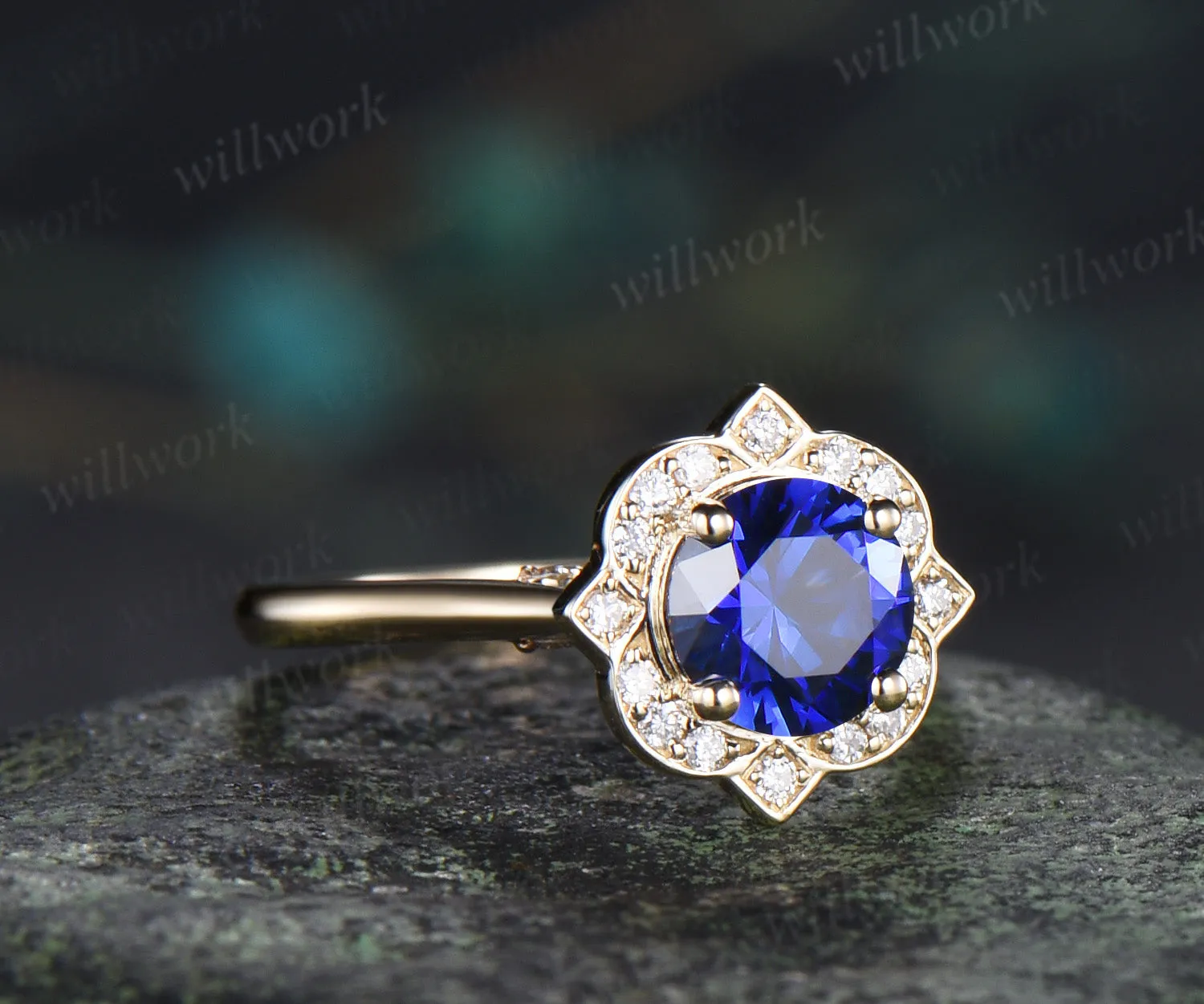 Vintage round sapphire diamond halo engagement ring floral hidden halo wedding ring blue gemstone bridal ring sold by Willwork Jewelry product image thumbnail 4