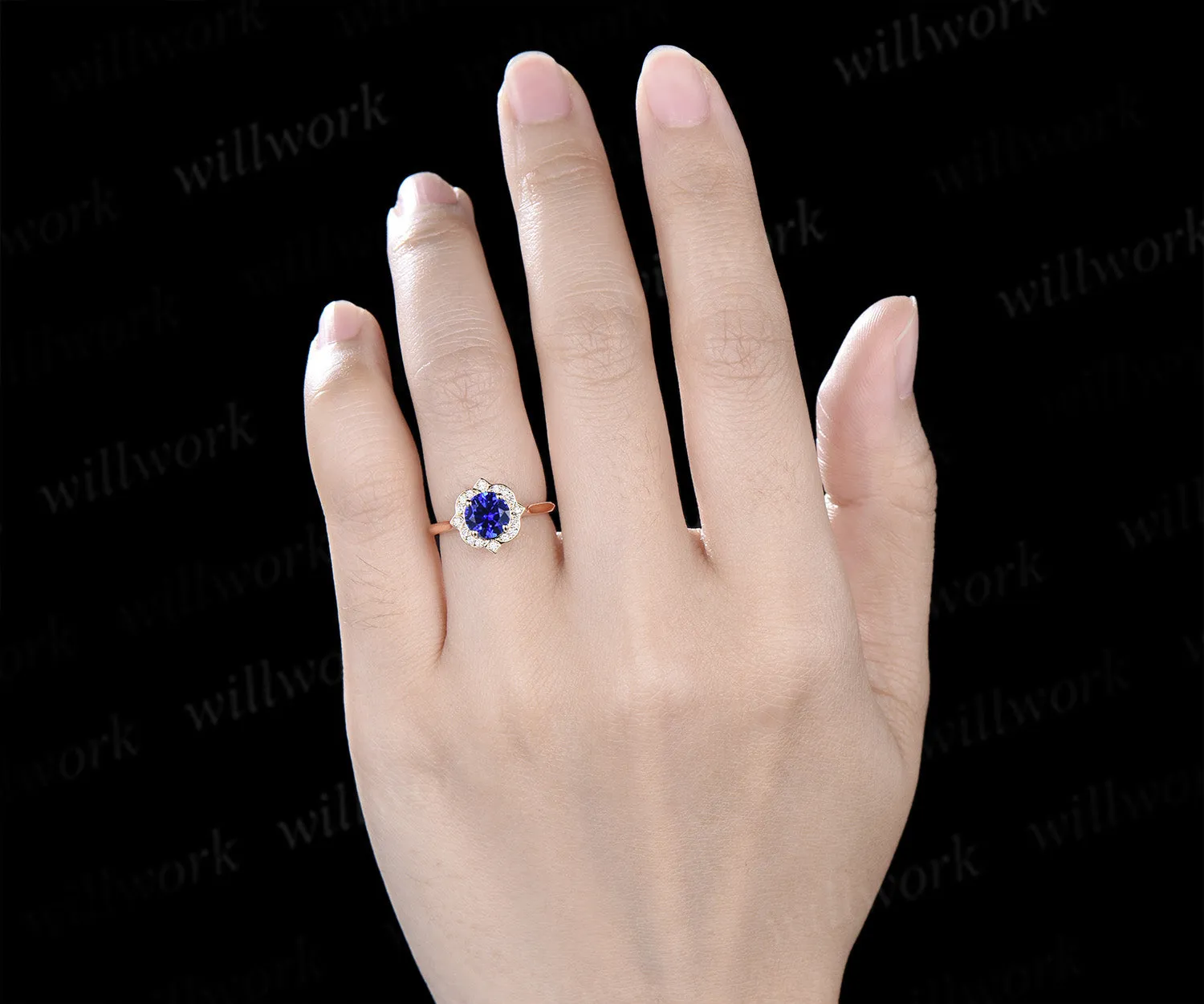 Vintage round sapphire diamond halo engagement ring floral hidden halo wedding ring blue gemstone bridal ring sold by Willwork Jewelry product image thumbnail 2