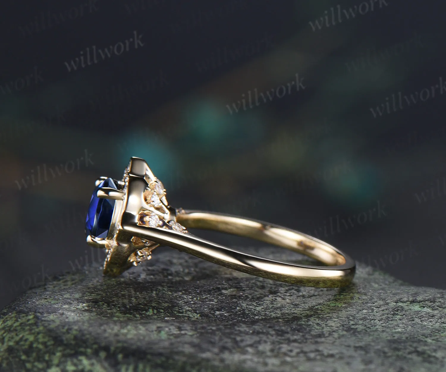 Vintage round sapphire diamond halo engagement ring floral hidden halo wedding ring blue gemstone bridal ring sold by Willwork Jewelry product image thumbnail 5
