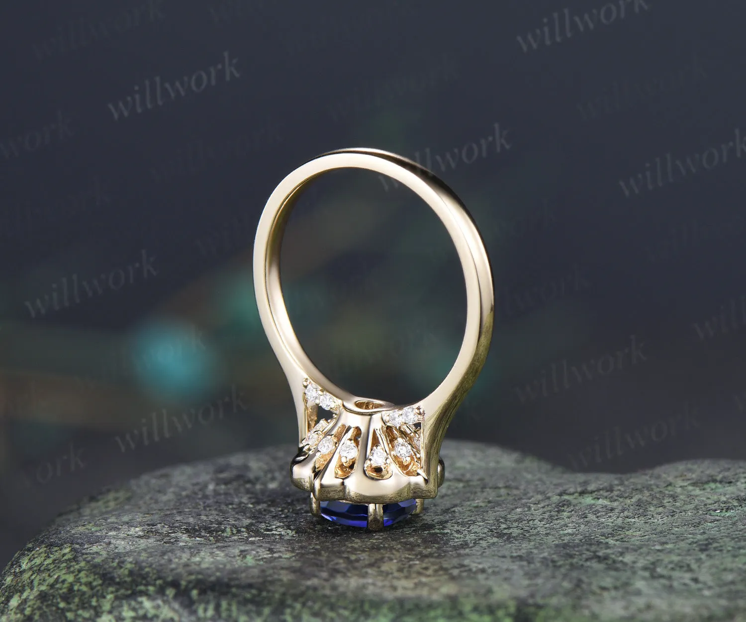Vintage round sapphire diamond halo engagement ring floral hidden halo wedding ring blue gemstone bridal ring sold by Willwork Jewelry product image thumbnail 3