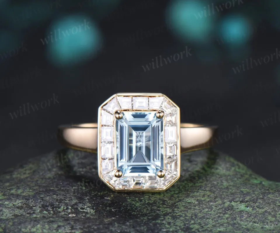 Emerald cut aquamarine engagement ring halo bezel baguette cut diamond wedding promise ring women 14k yellow gold jewelry made by Willwork Jewelry