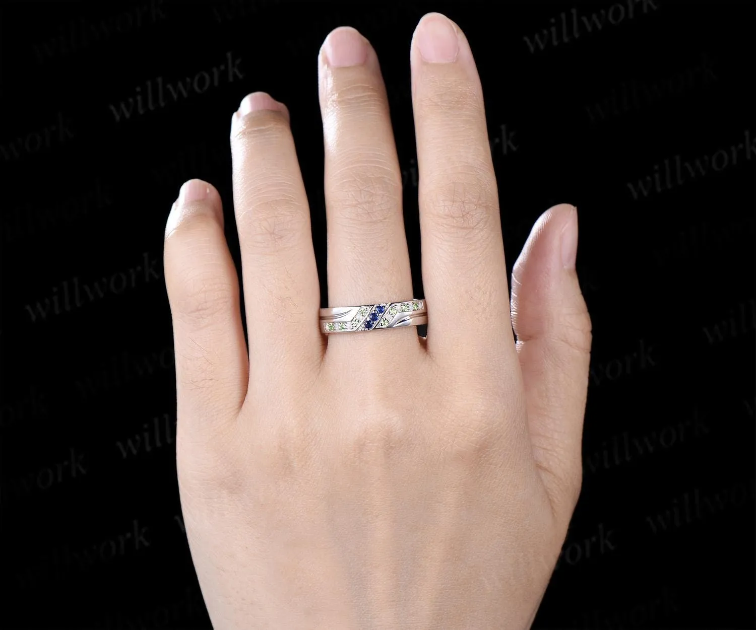 Unique mens sapphire wedding band 14k white gold opal peridot mens handsome man rings matching band gift sold by Willwork Jewelry product image thumbnail 2