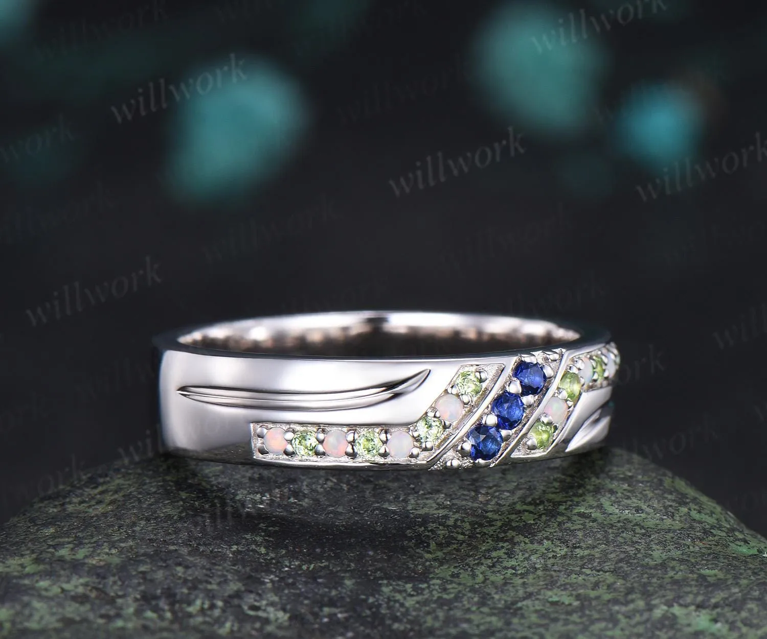 Unique mens sapphire wedding band 14k white gold opal peridot mens handsome man rings matching band gift sold by Willwork Jewelry product image thumbnail 5