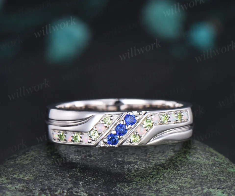 Unique mens sapphire wedding band 14k white gold opal peridot mens handsome man rings matching band gift made by Willwork Jewelry