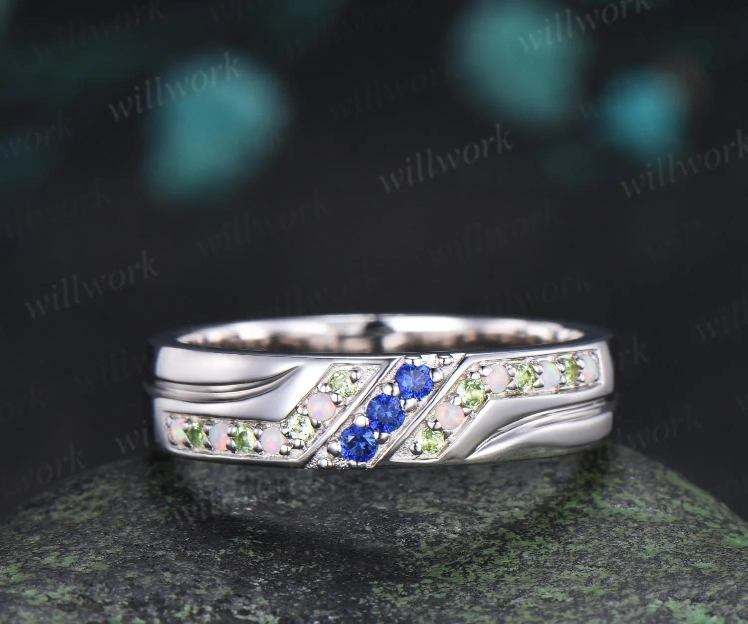 Unique mens sapphire wedding band 14k white gold opal peridot mens handsome man rings matching band gift sold by Willwork Jewelry