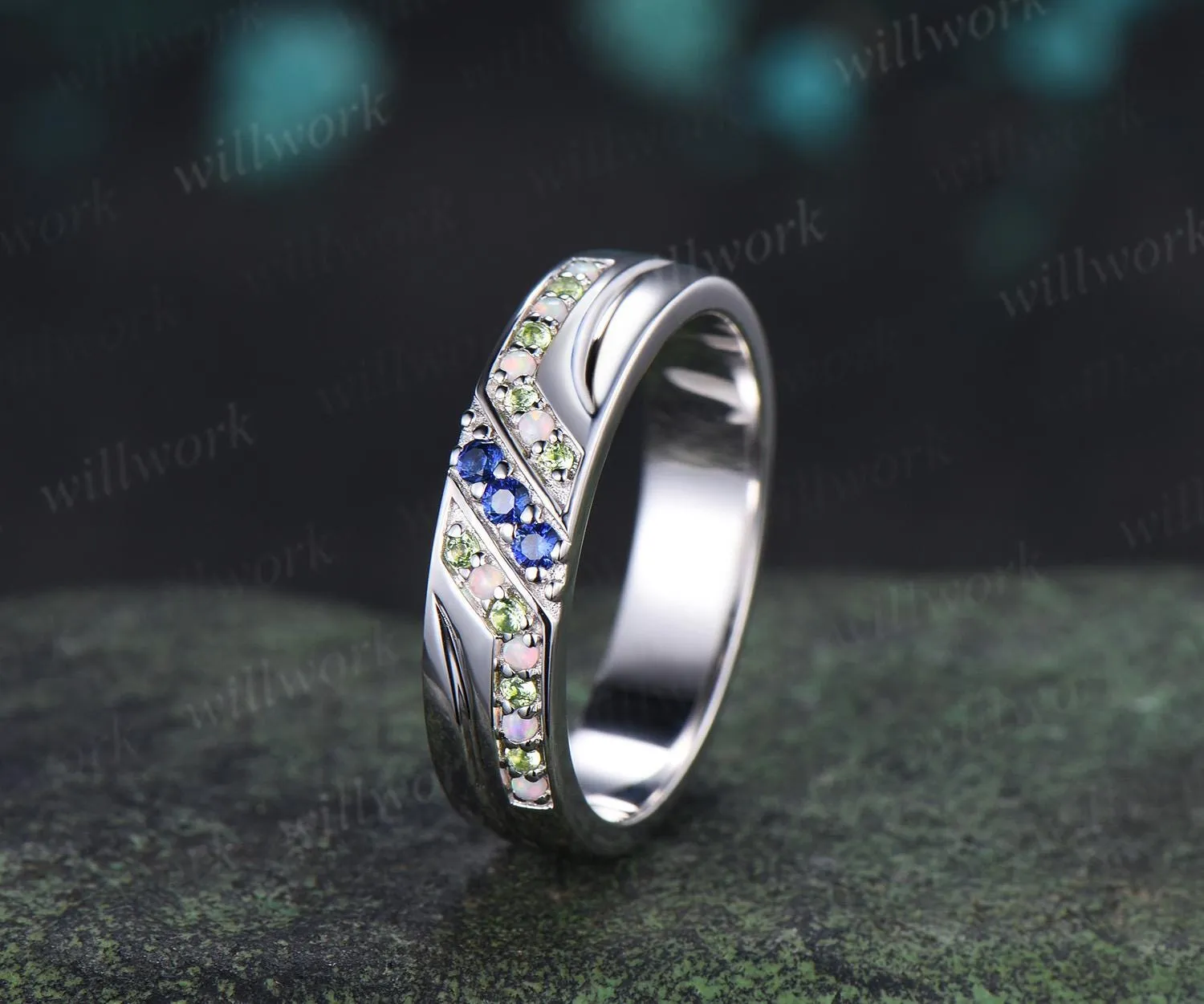 Unique mens sapphire wedding band 14k white gold opal peridot mens handsome man rings matching band gift sold by Willwork Jewelry product image thumbnail 3