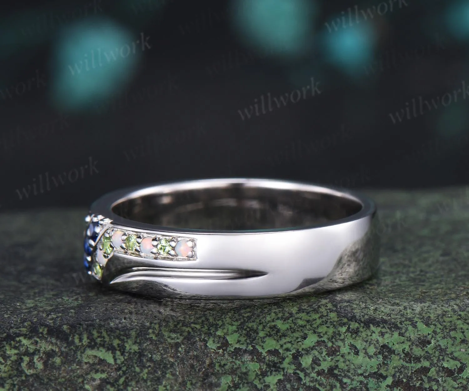 Unique mens sapphire wedding band 14k white gold opal peridot mens handsome man rings matching band gift sold by Willwork Jewelry product image thumbnail 4