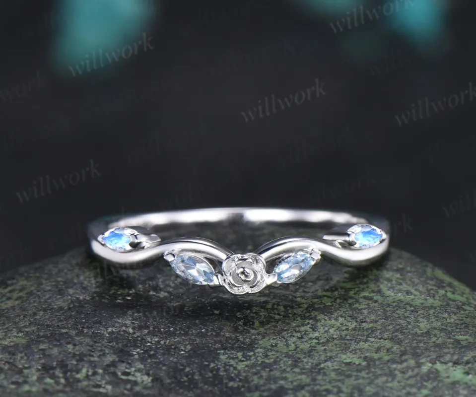 Curved Aquamarine moonstone wedding band floral women solid 14k white gold matching stacking five stone anniversary gift made by Willwork Jewelry