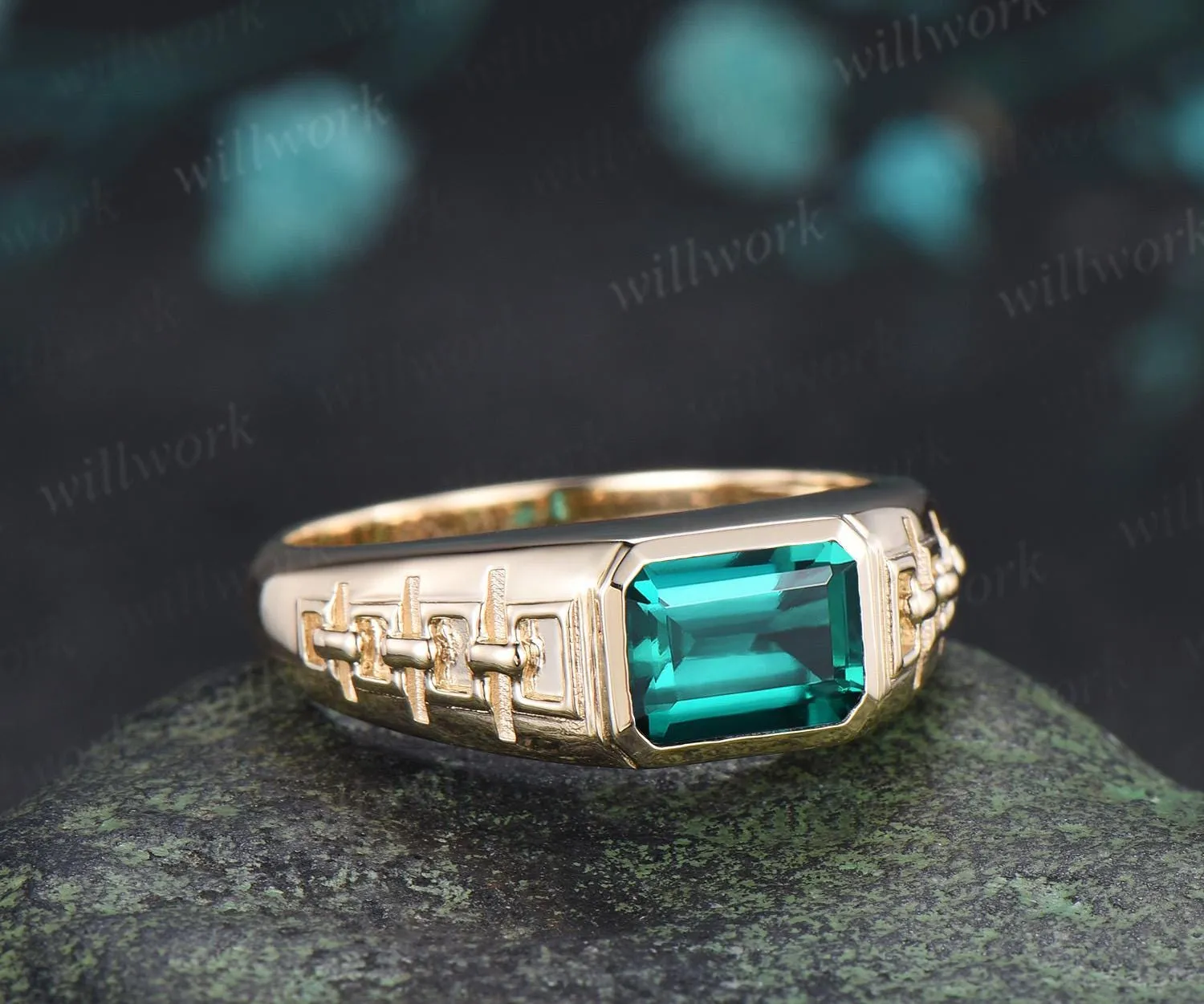 Bezel emerald cut emerald engagement ring mens vintage east to west solitaire solid 14k yellow gold wedding band men jewelry sold by Willwork Jewelry product image thumbnail 5