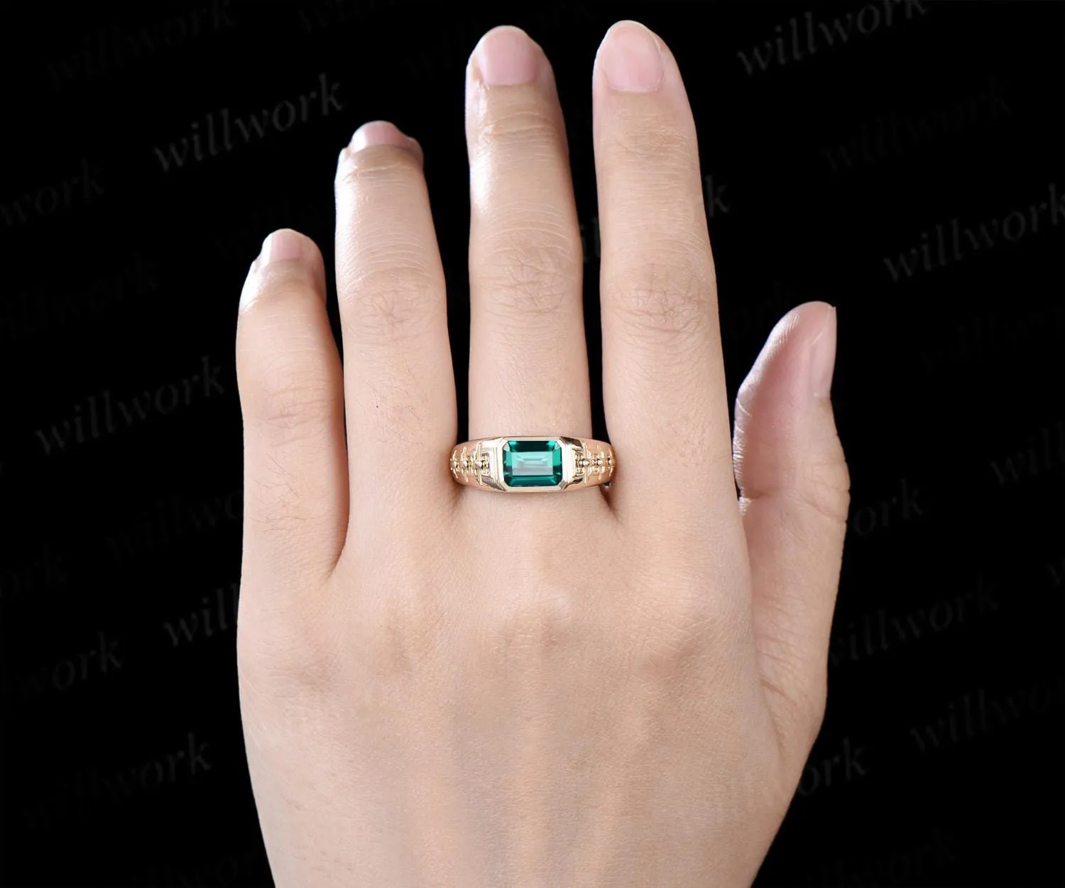 Bezel emerald cut emerald engagement ring mens vintage east to west solitaire solid 14k yellow gold wedding band men jewelry sold by Willwork Jewelry product image thumbnail 2