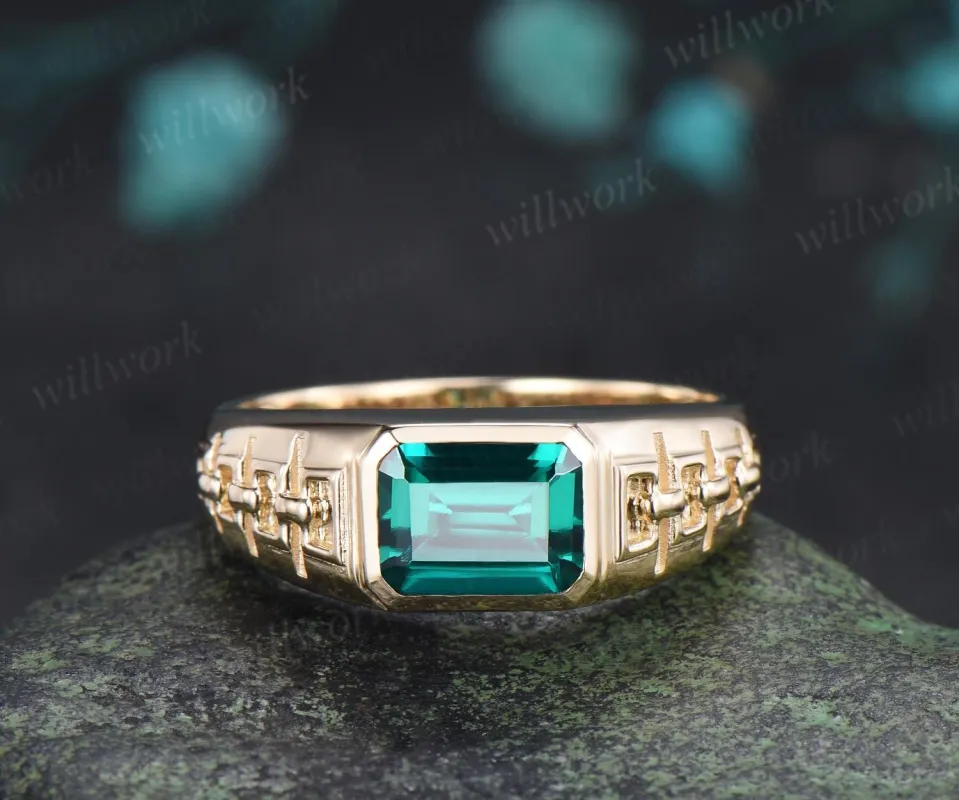 Bezel emerald cut emerald engagement ring mens vintage east to west solitaire solid 14k yellow gold wedding band men jewelry made by Willwork Jewelry