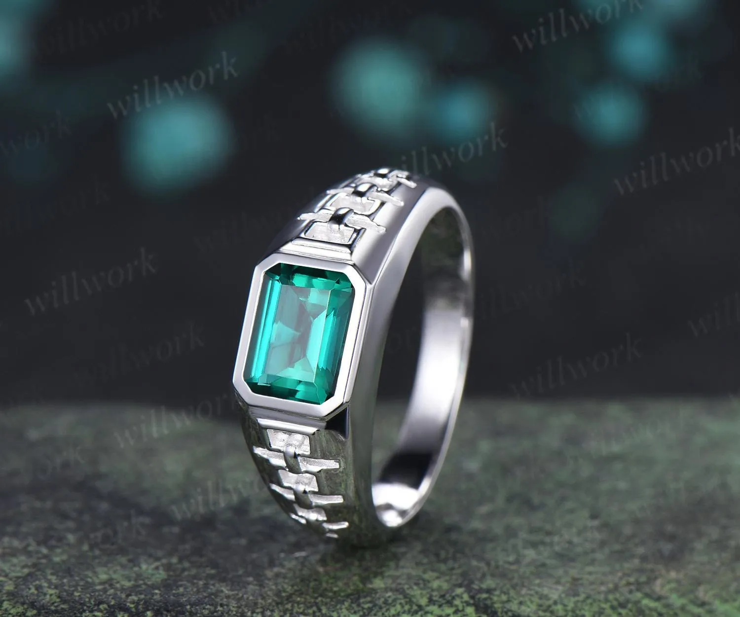 Bezel emerald cut emerald engagement ring mens vintage east to west solitaire solid 14k yellow gold wedding band men jewelry sold by Willwork Jewelry product image thumbnail 4