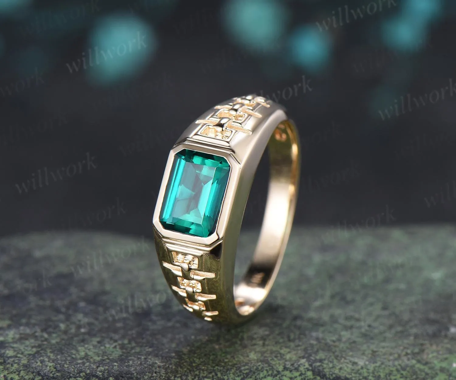 Bezel emerald cut emerald engagement ring mens vintage east to west solitaire solid 14k yellow gold wedding band men jewelry sold by Willwork Jewelry product image thumbnail 3