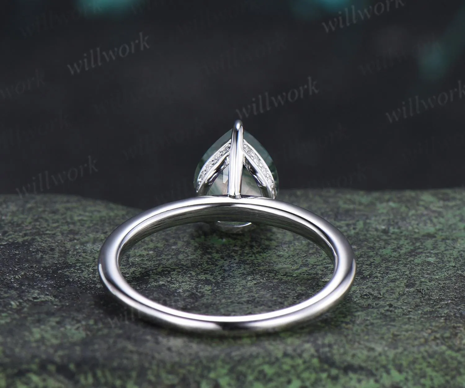 Pear cut moss agate engagement ring white gold hidden halo diamond ring claw prong dainty promise wedding ring women gift sold by Willwork Jewelry product image thumbnail 5