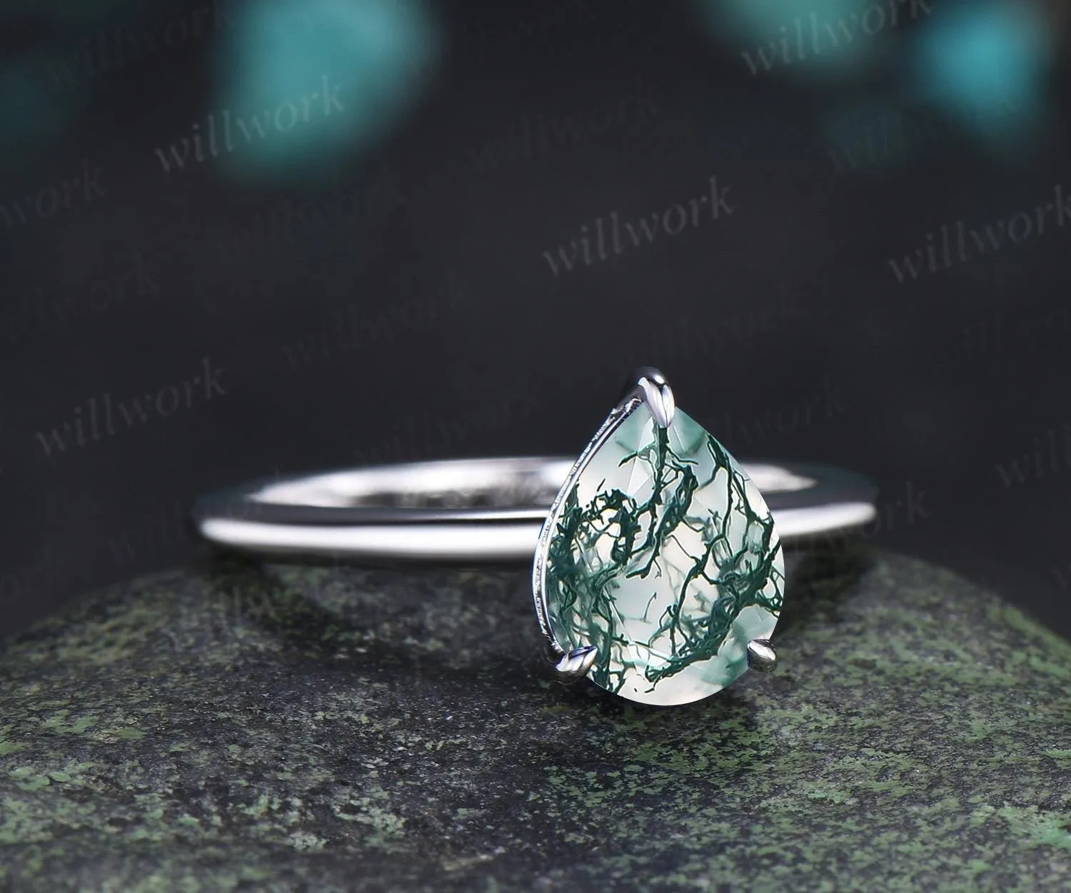 Pear cut moss agate engagement ring white gold hidden halo diamond ring claw prong dainty promise wedding ring women gift sold by Willwork Jewelry product image thumbnail 2