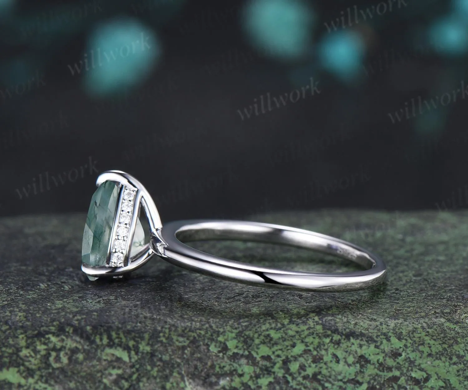 Pear cut moss agate engagement ring white gold hidden halo diamond ring claw prong dainty promise wedding ring women gift sold by Willwork Jewelry product image thumbnail 3