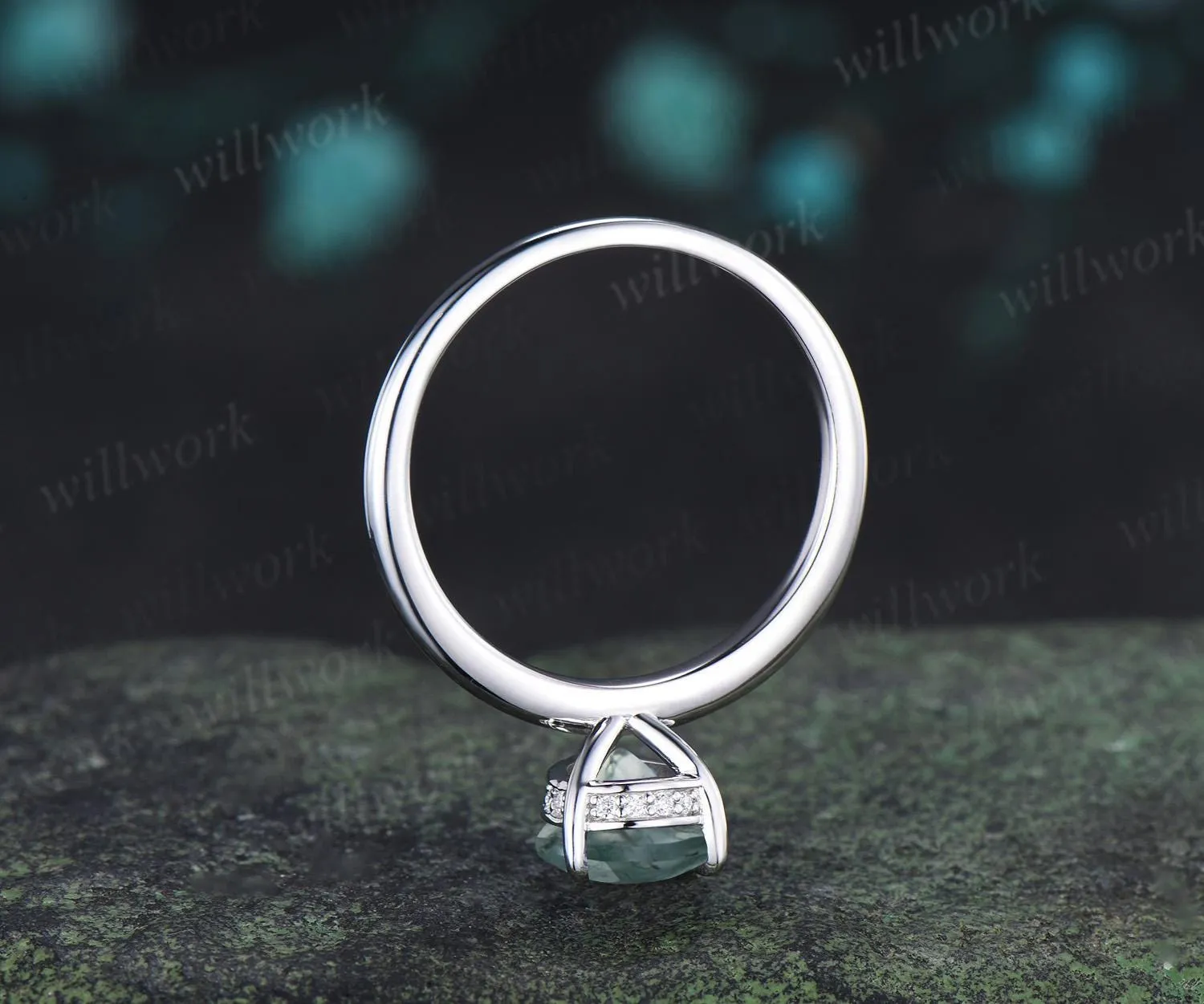 Pear cut moss agate engagement ring white gold hidden halo diamond ring claw prong dainty promise wedding ring women gift sold by Willwork Jewelry product image thumbnail 4