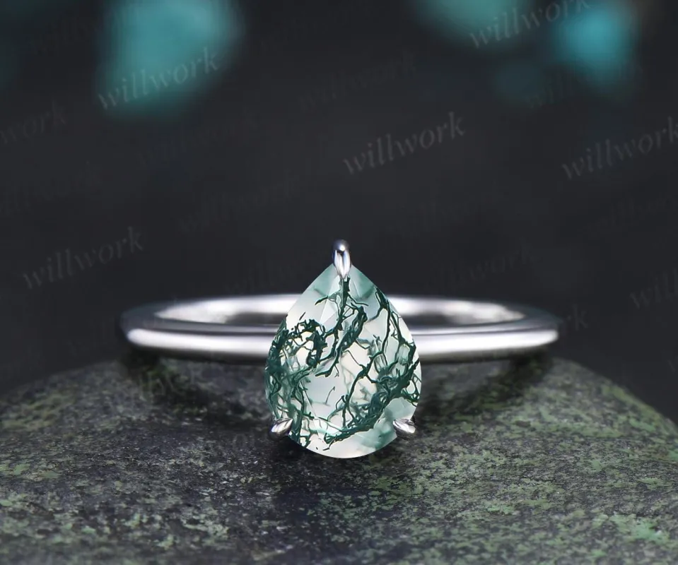 Pear cut moss agate engagement ring white gold hidden halo diamond ring claw prong dainty promise wedding ring women gift made by Willwork Jewelry