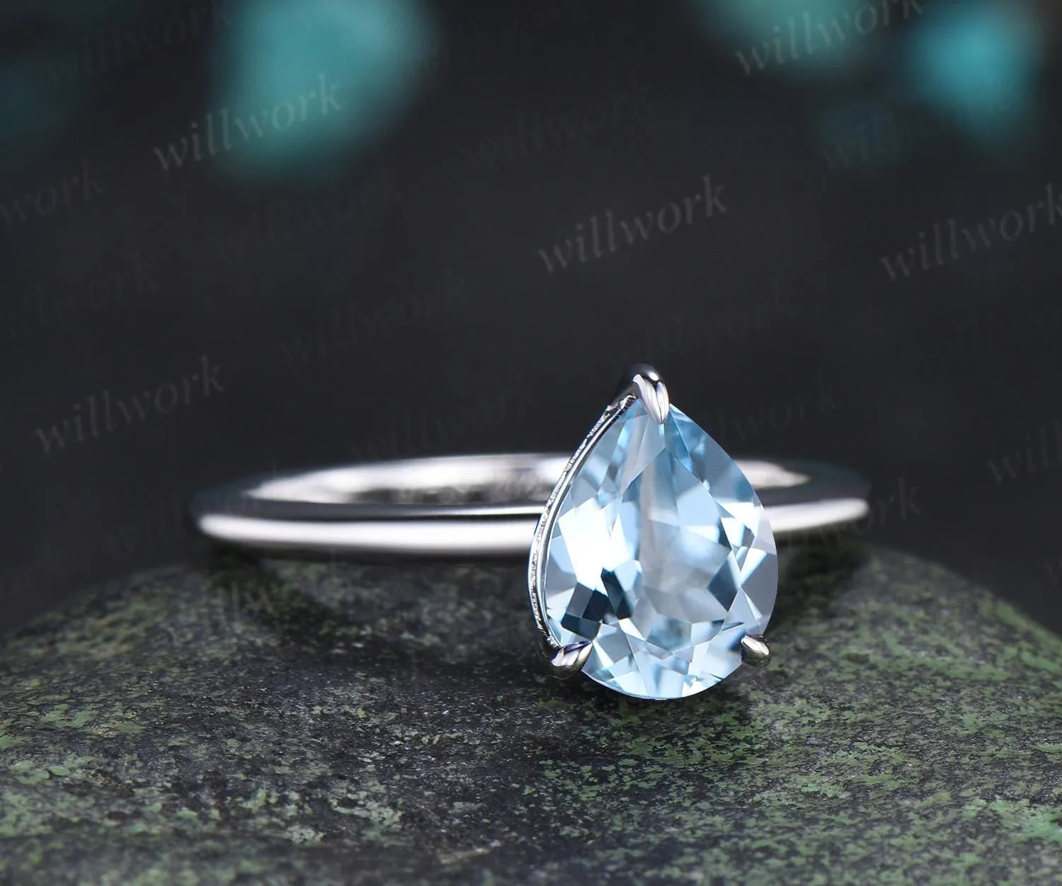 Pear cut aquamarine engagement ring white gold hidden halo diamond ring claw prong dainty promise wedding ring women gift sold by Willwork Jewelry product image thumbnail 2