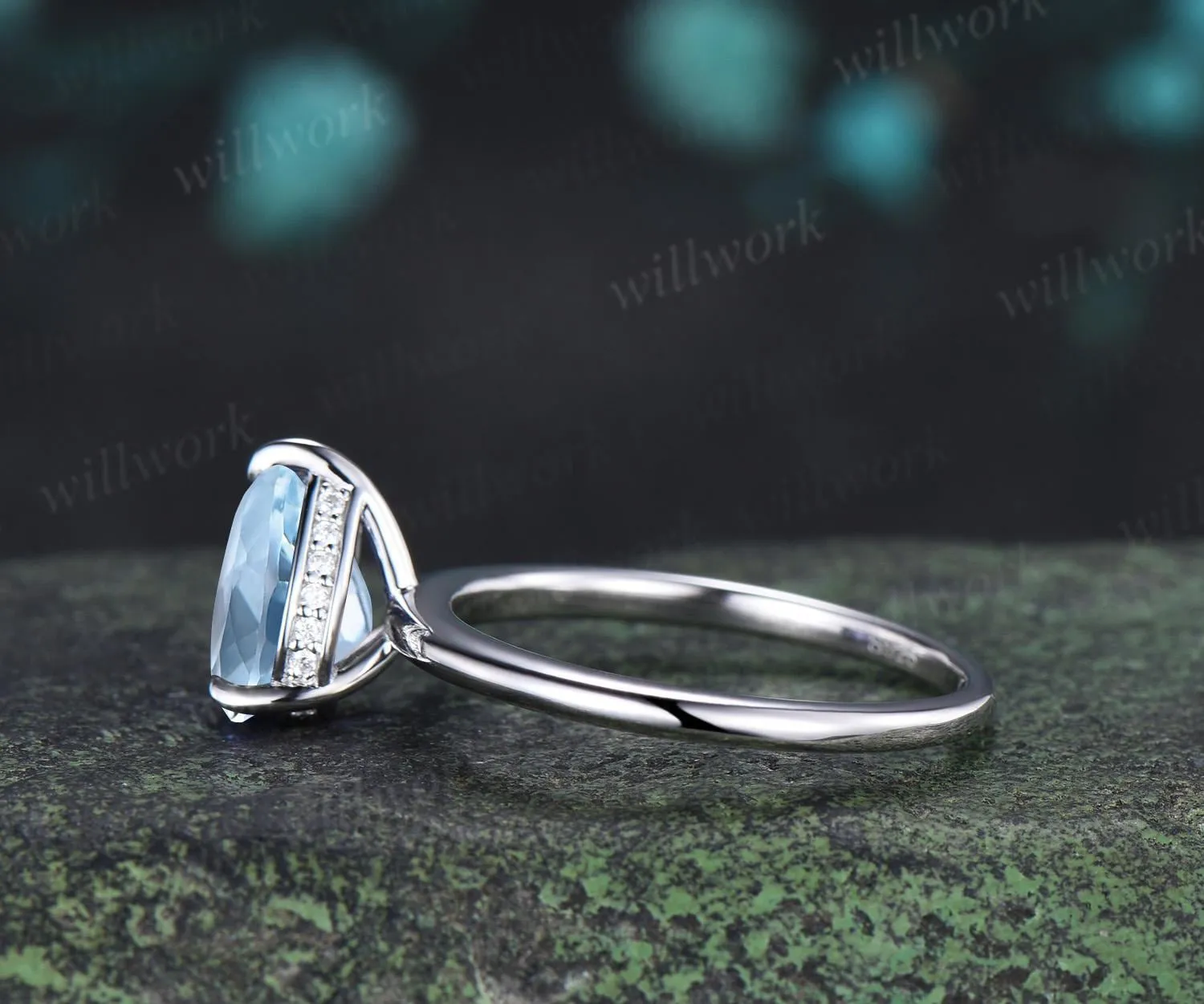 Pear cut aquamarine engagement ring white gold hidden halo diamond ring claw prong dainty promise wedding ring women gift sold by Willwork Jewelry product image thumbnail 3