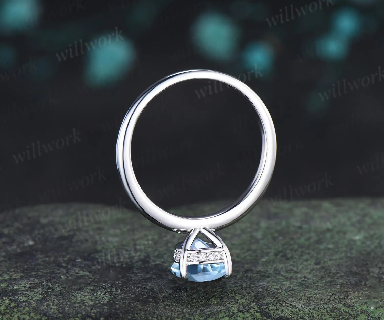 Pear cut aquamarine engagement ring white gold hidden halo diamond ring claw prong dainty promise wedding ring women gift sold by Willwork Jewelry product image thumbnail 4