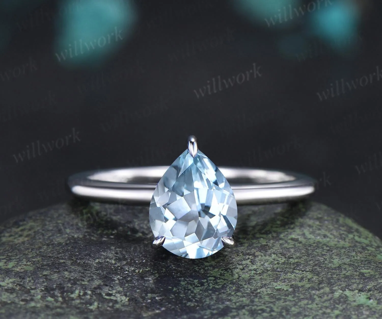Pear cut aquamarine engagement ring white gold hidden halo diamond ring claw prong dainty promise wedding ring women gift sold by Willwork Jewelry