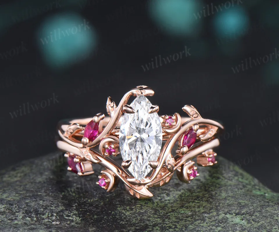 Marquise lab grown diamond ring set leaf moon twig ring ruby accents nature inspired bridal set made by Willwork Jewelry