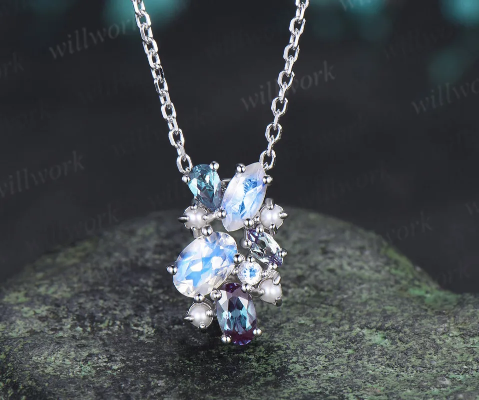 Oval Moonstone Necklace Alexandrite Pearl Cluster Pendant June Birthstone Gemstone Necklace for Women made by Willwork Jewelry
