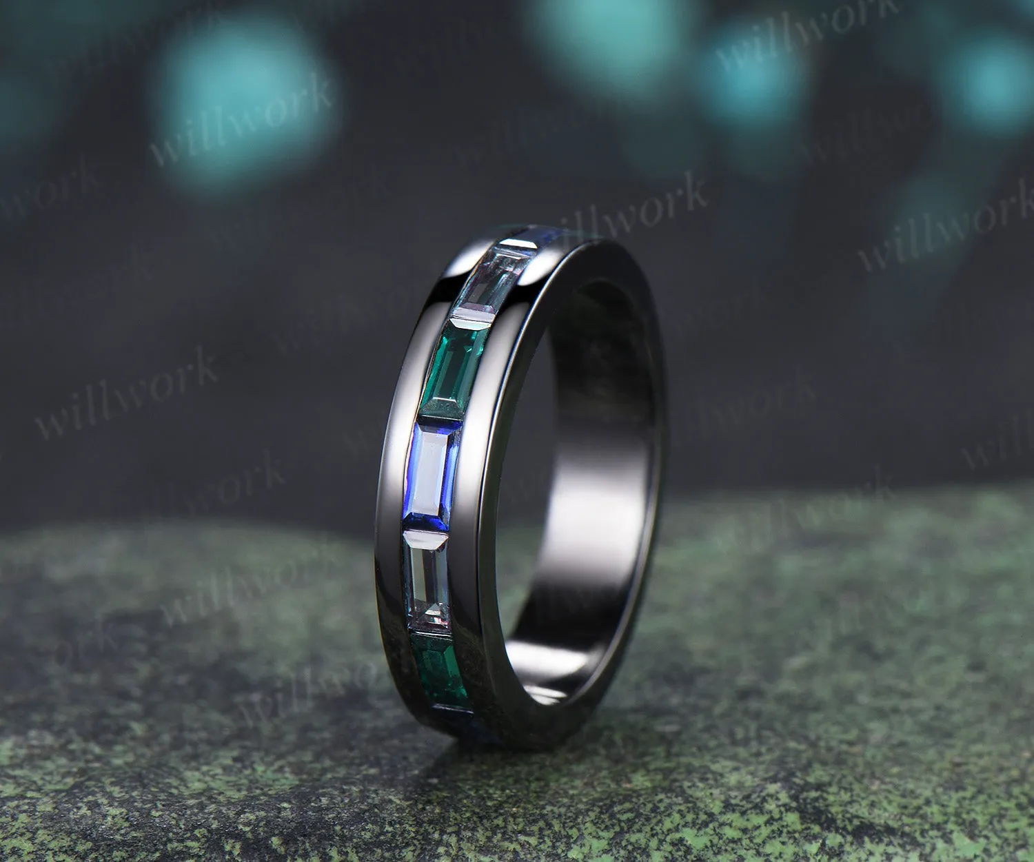 Baguette cut emerald sapphire alexandrite men wedding ring gothic black gold half eternity 5mm mens anniversary ring sold by Willwork Jewelry product image thumbnail 5