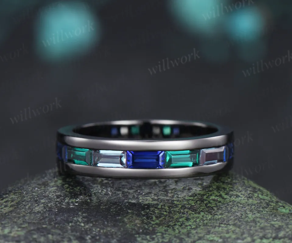 Baguette cut emerald sapphire alexandrite men wedding ring gothic black gold half eternity 5mm mens anniversary ring made by Willwork Jewelry