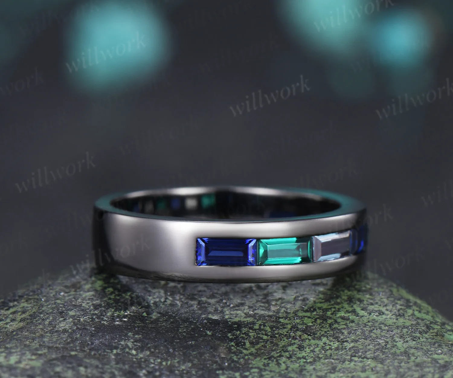 Baguette cut emerald sapphire alexandrite men wedding ring gothic black gold half eternity 5mm mens anniversary ring sold by Willwork Jewelry product image thumbnail 3