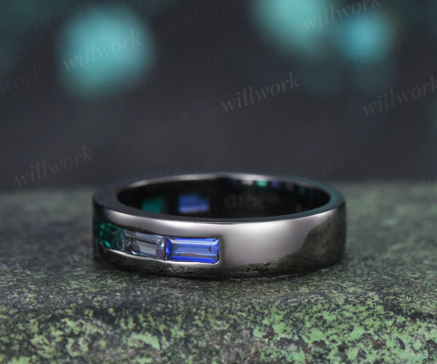 Baguette cut emerald sapphire alexandrite men wedding ring gothic black gold half eternity 5mm mens anniversary ring sold by Willwork Jewelry product image thumbnail 4